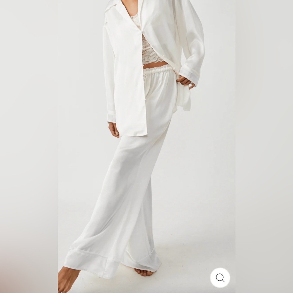 Free People White Satin Pajama Set - Long Wide-Leg Pants & Button Shirt
